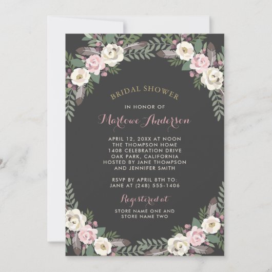 ダークとムーディバラピンクフローラボーブライダルシャワー 招待状 (正面)