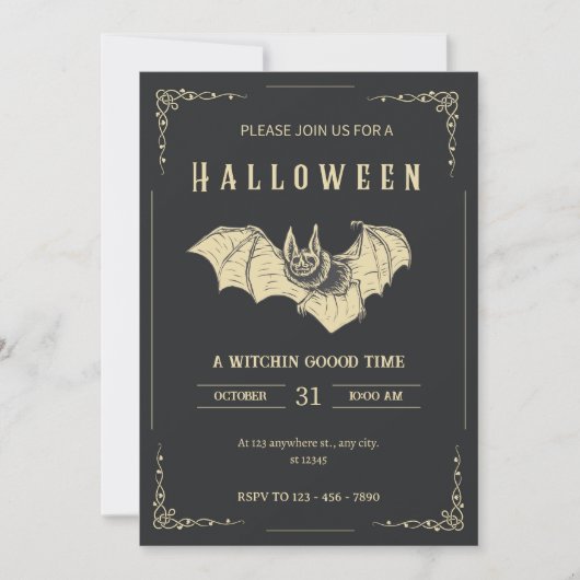 ダークと金ゴールドモダンハローウィンパーティ招待状 シーズンカード (正面)