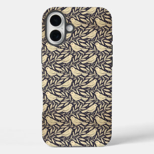 ダークな背景にベージュの鳥のヴィンテージ柄 iPhone 16 PLUSケース