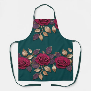 ダークな雰囲気の紫と赤のバラとブロンズの葉 エプロン
