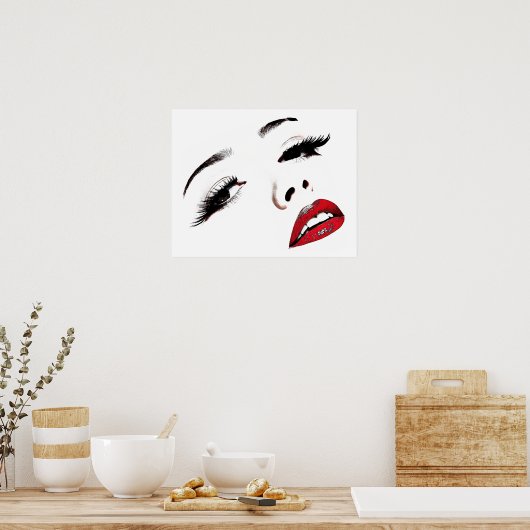 ダークアイズレッドリップ女性顔メイクアップアート ポスター (キッチン)