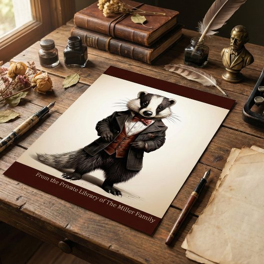 ダークアカデミアのアナグマの肖像画 古風な図書館アート ポスター