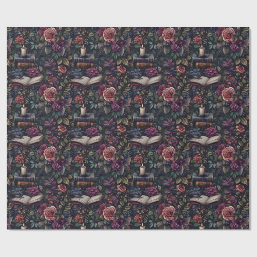 ダークアカデミアのヴィンテージフローラ、鳥と本 ラッピングペーパー (フラット)