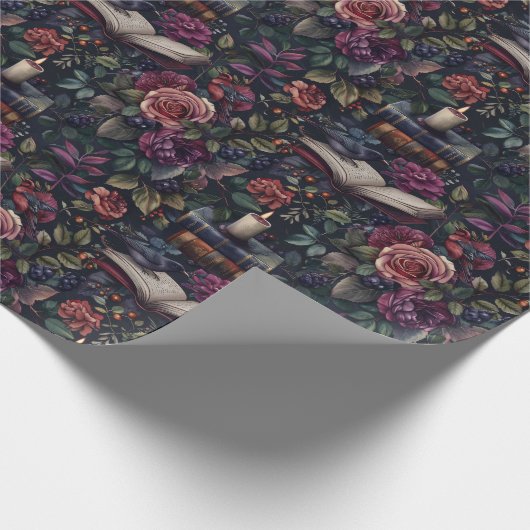 ダークアカデミアのヴィンテージフローラ、鳥と本 ラッピングペーパー (角)