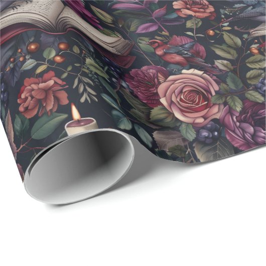 ダークアカデミアのヴィンテージフローラ、鳥と本 ラッピングペーパー (ロールコーナー)
