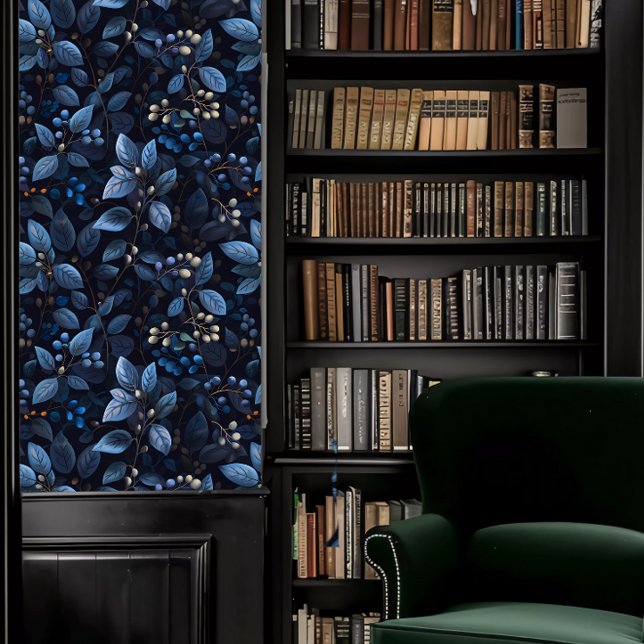 ダークアカデミアウォーマ 壁紙 (Dark Academia Blue Fauna Wallpaper in a library.)