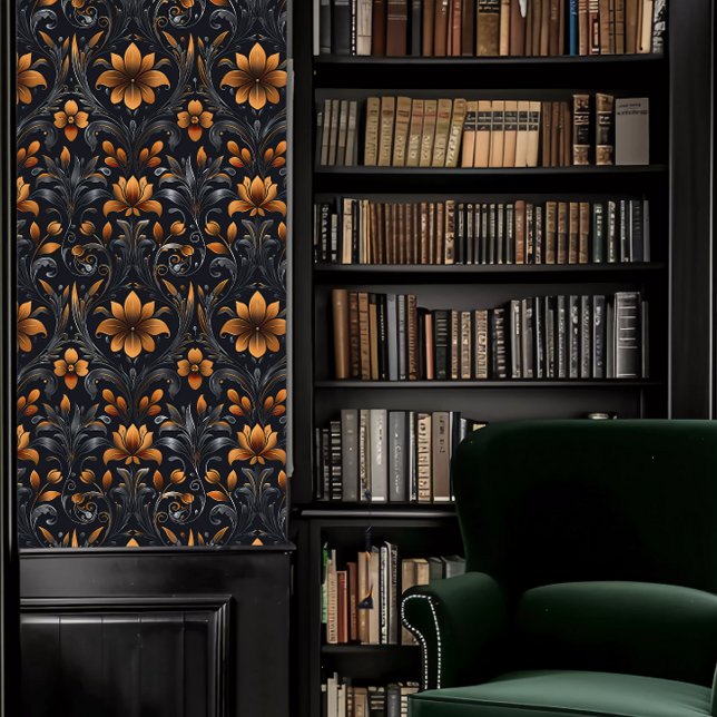 ダークアカデミアオレンジとグレー装飾フルーア 壁紙 (Dark Academia Orange and Gray Decorative Fleur Wallpaper in a library.)