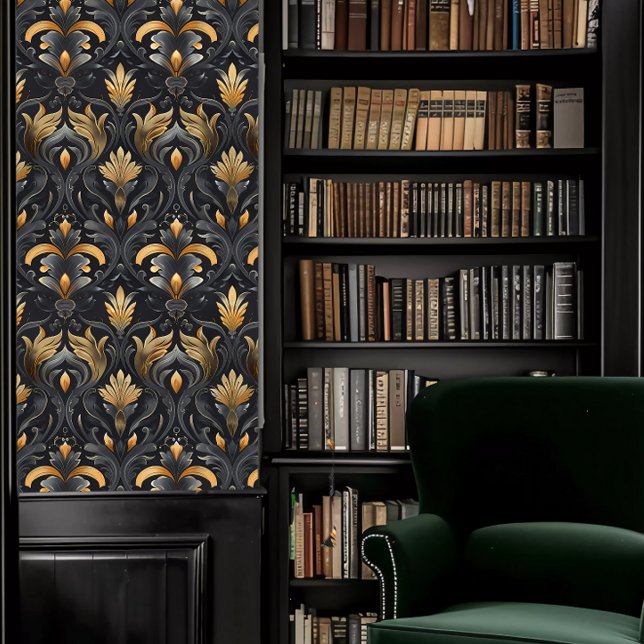 ダークアカデミアグレーと金ゴールドムーディアパティカル 壁紙 (Dark Academia Gray and Gold Moody Decorative Wallpaper in a library.)