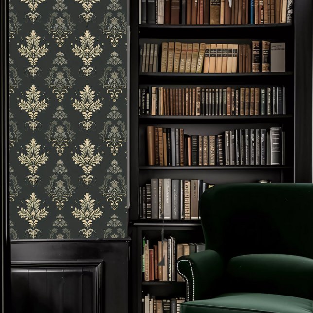 ダークアカデミアダスティグリーンとベージュの装飾 壁紙 (Dark Academia Dusty Green and Beige Decorative Wallpaper in a library.)