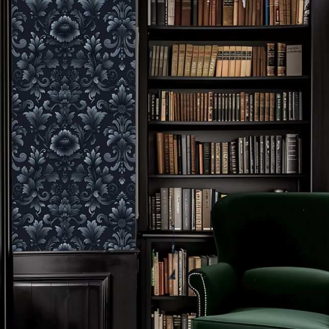 ダークアカデミアダークブルー装飾フルーア 壁紙 (Dark Academia Dark Blue Decorative Fleur Wallpaper in a library.)