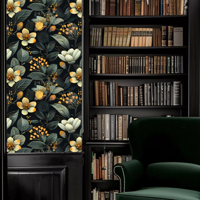 ダークアカデミアティール（緑がかった色）とイエローフローラ 壁紙 (Dark Academia Teal and Yellow Floral Wallpaper in a library.)