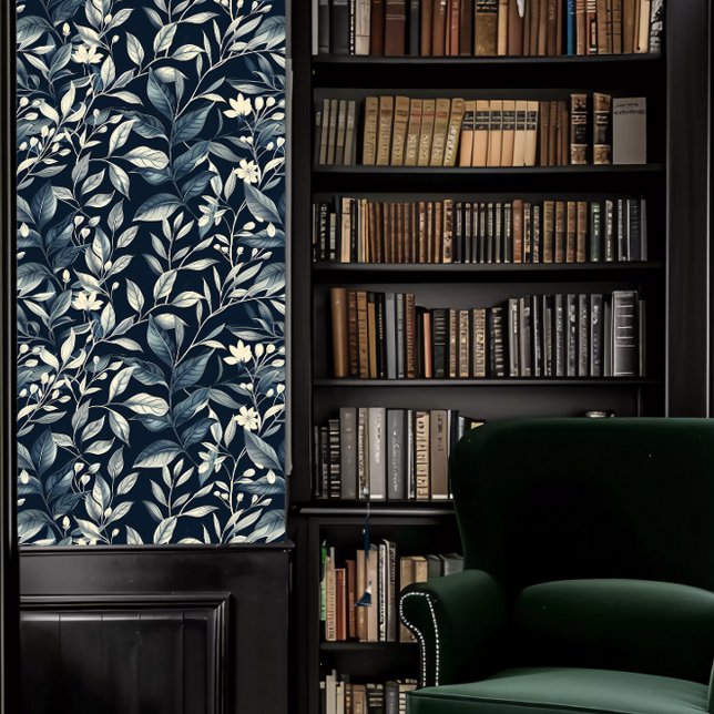 ダークアカデミアティール（緑がかった色）と白葉色 壁紙 (Dark Academia Teal and White Leaves Wallpaper in a library.)