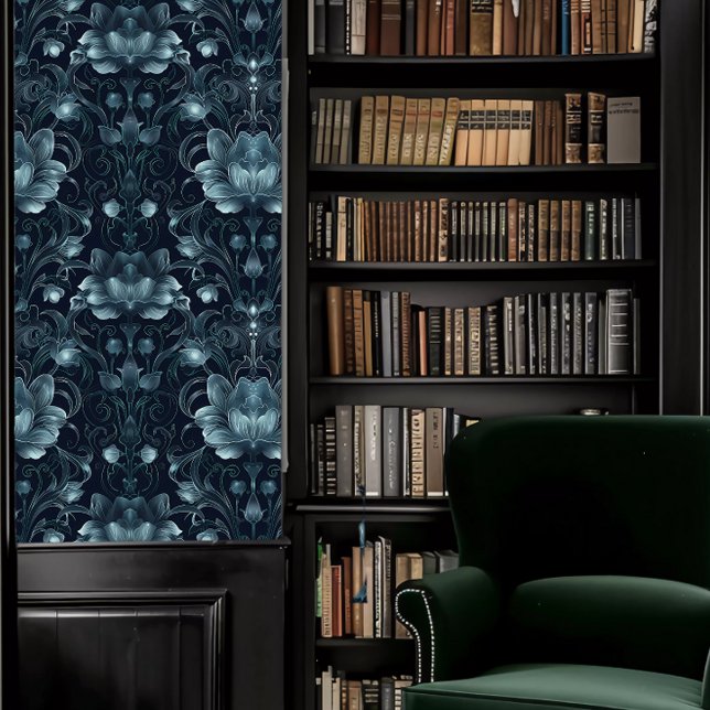 ダークアカデミアティール（緑がかった色）装飾フローラ 壁紙 (Dark Academia Teal Decorative Floral Wallpaper in a library.)