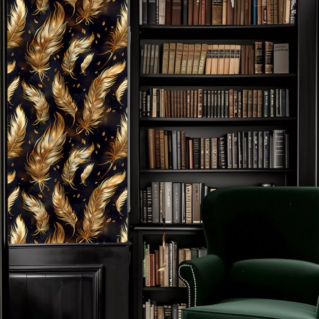 ダークアカデミアブラックと金ゴールドの羽 壁紙 (Dark Academia Black and Gold Feathers Wallpaper in a library.)