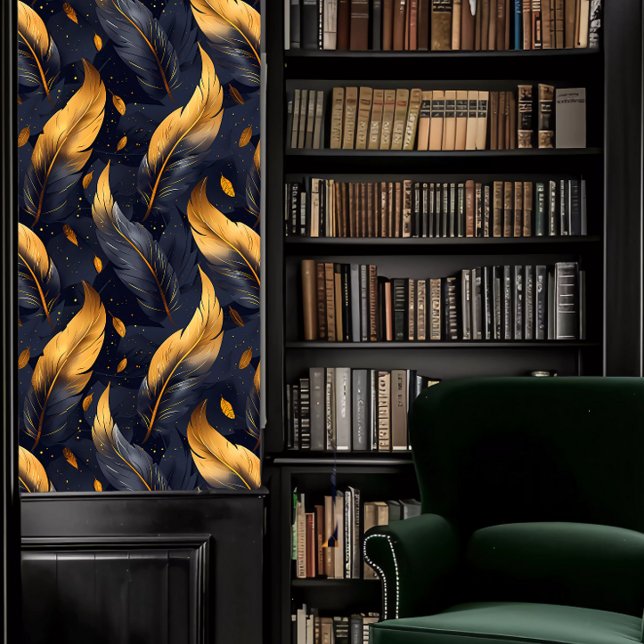 ダークアカデミアブルーと金ゴールド羽 壁紙 (Dark Academia Blue and Gold Feathers Wallpaper in a library.)