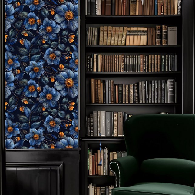ダークアカデミアブルーフローラ 壁紙 (Dark Academia Blue Floral Wallpaper in a library.)