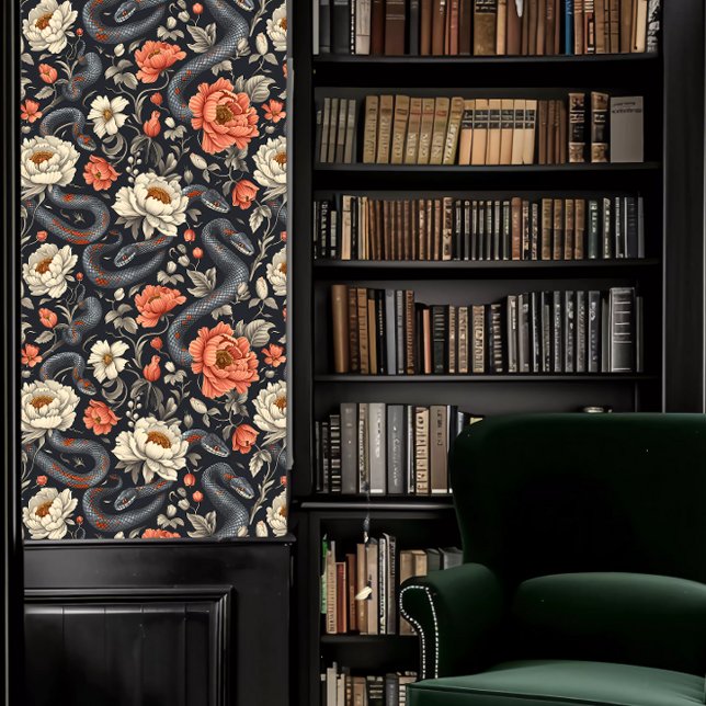 ダークアカデミアヘビ赤と白と花 壁紙 (Dark Academia Snakes & Red and White Flowers Wallpaper in a library.)