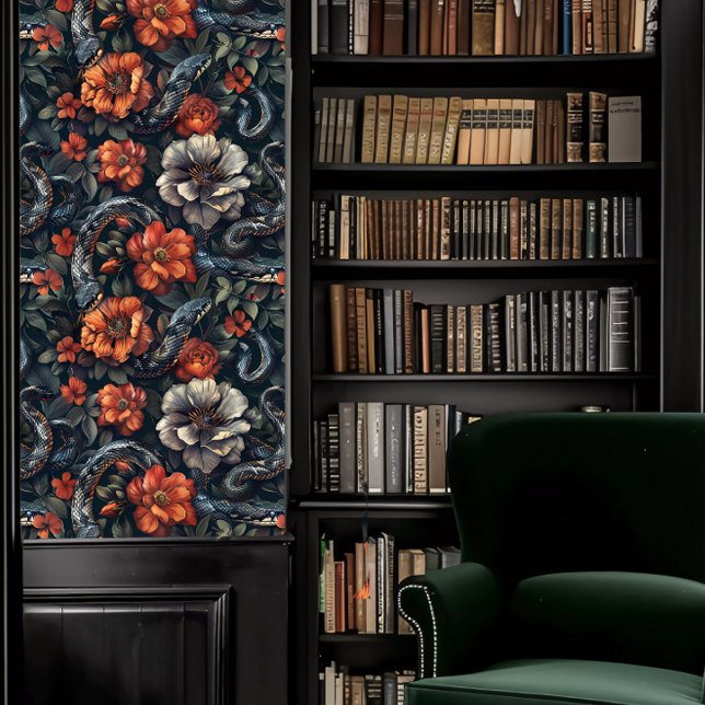 ダークアカデミアヘビ&サンゴと灰色の花 壁紙 (Dark Academia Snakes & Coral and Gray Flowers Wallpaper in a library.)