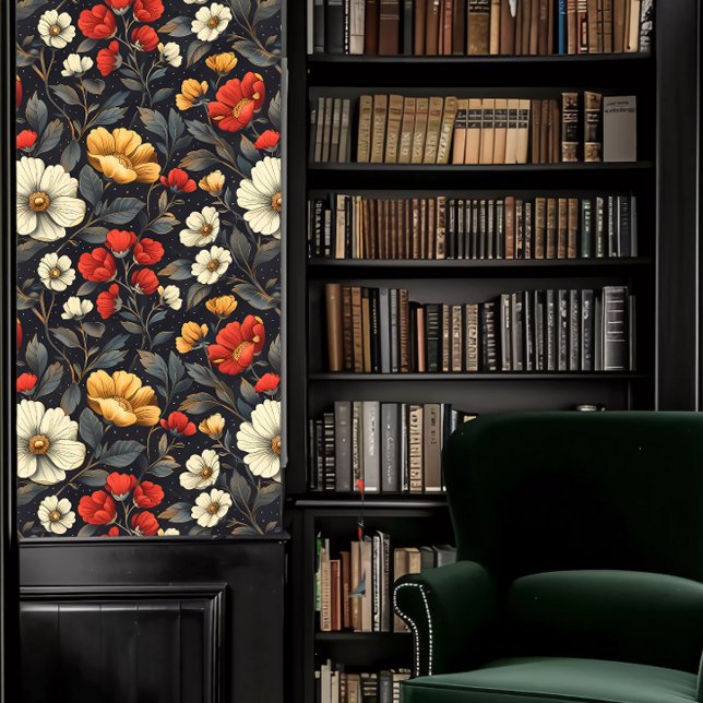 ダークアカデミアレッド、イエロー、ホワイトフローラ 壁紙 (Dark Academia Red, Yellow, & White Floral Wallpaper in a library.)