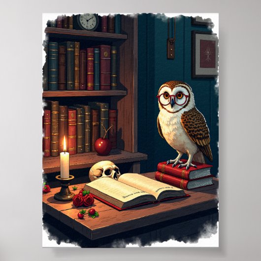 ダークアカデミア読書コーナーのフクロウ眼鏡ヴィンテージ ポスター (正面)