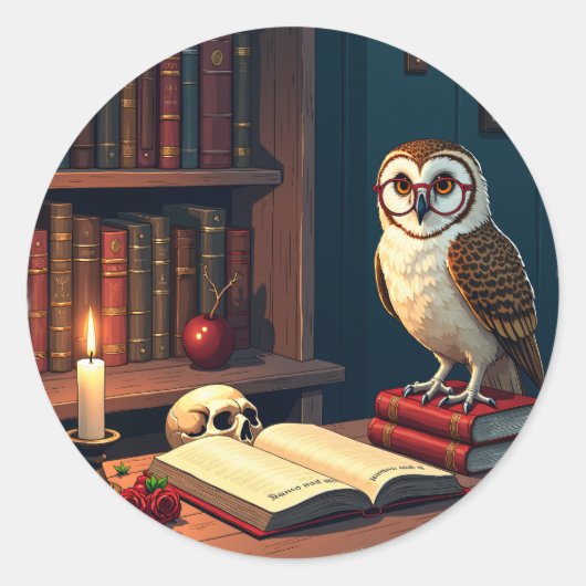 ダークアカデミア読書コーナー フクロウ 眼鏡 ヴィンテージ ラウンドシール (正面)