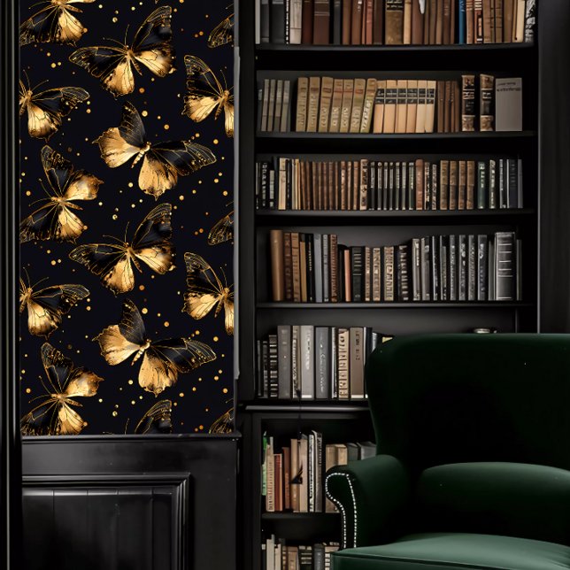 ダークアカデミア金ゴールドとブラックチョウ 壁紙 (Dark Academia Gold and Black Butterflies Wallpaper in a library.)