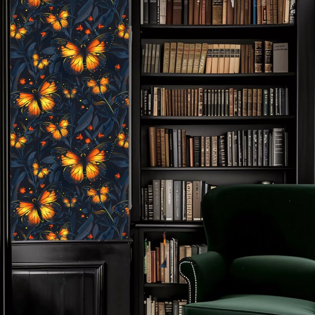 ダークアカデミア 小さな輝く蝶 壁紙 (Dark Academia Small Glowing Butterflies Wallpaper in a library.)