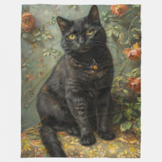 ダークアカデミア 黒猫とバラのオイルペインティング フリースブランケット