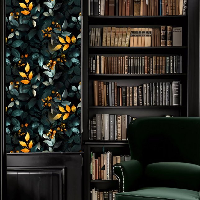 ダークアカデミエメラルドとゴルフリーフ 壁紙 (Dark Academia Emerald and Golf Foliage Wallpaper in a library.)