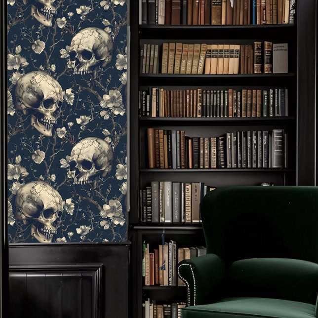 ダークアカデミグレースカル 壁紙 (Dark Academia Gray Skulls Wallpaper in a library.)