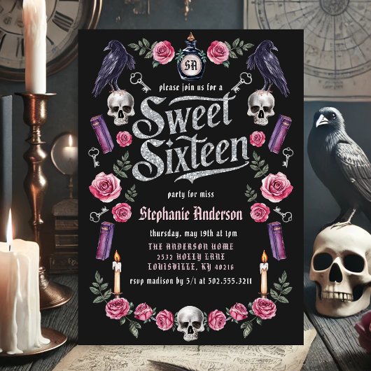 ダークアカデミゴシックシルバーフローラスウィート16 招待状