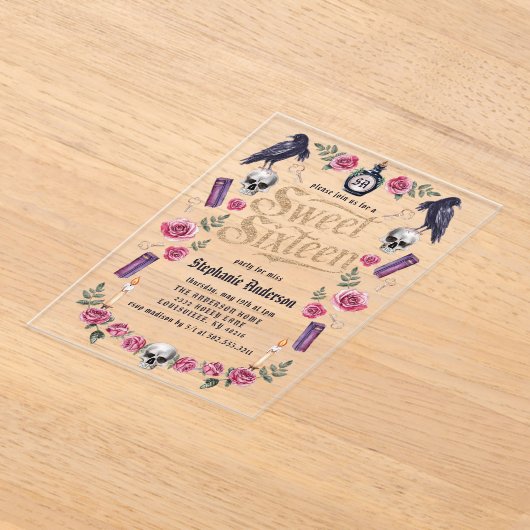 ダークアカデミゴシック金ゴールドフローラSweet 16 アクリル招待状 (レイダウン)