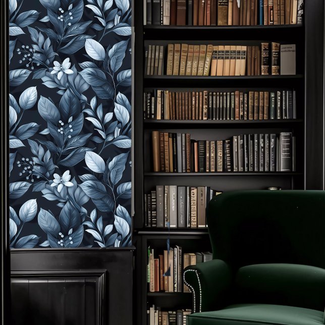 ダークアカデミサイリーブルー葉 壁紙 (Dark Academia Silvery-Blue Leaves Wallpaper in a library.)
