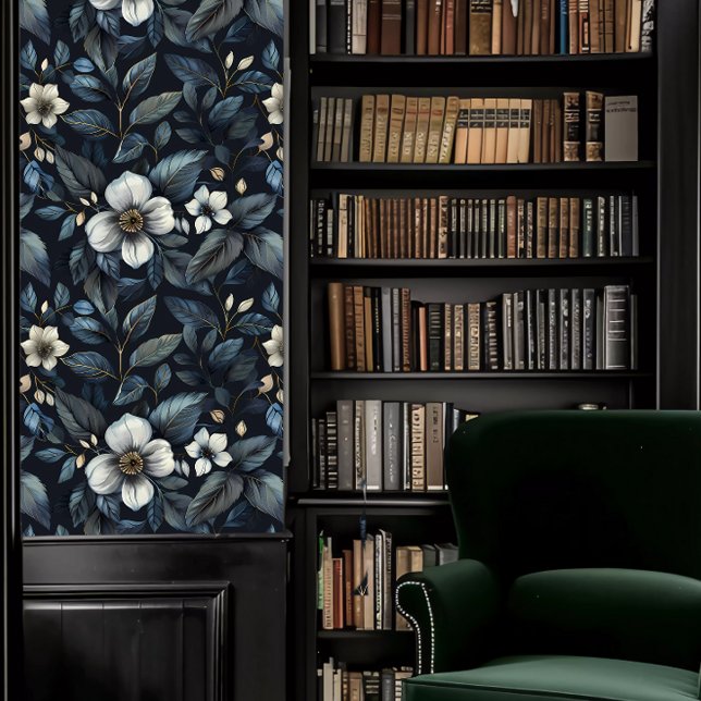 ダークアカデミヤ白い花と青葉い花 壁紙 (Dark Academia White Flowers and Blue Leaves Wallpaper in a library.)