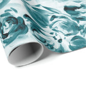 ダークアクアのラッピング紙にピンク色の白い花 ラッピングペーパー (ロールコーナー)