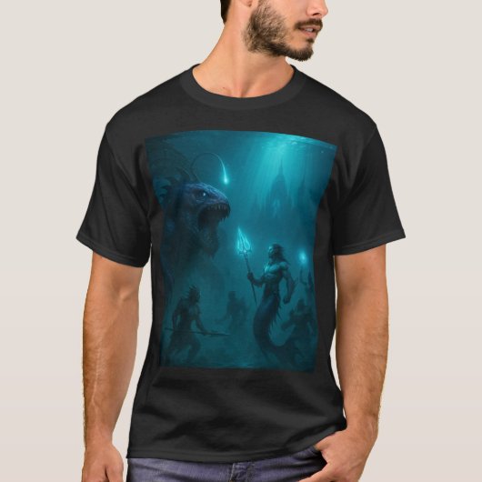 ダークアクアティックウォリアーと海の獣 ファンタジーアート Tシャツ (正面)