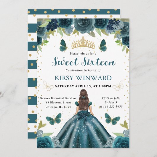 ダークアクアドレスブルネットプリンセススウィート16 招待状 (正面/裏面)