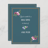 ダークアクアブライダルシャワー花模様 招待状 (正面/裏面)