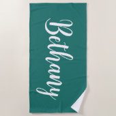 ダークアクアブルーグリーンに白で大きな名前 ビーチタオル (正面)