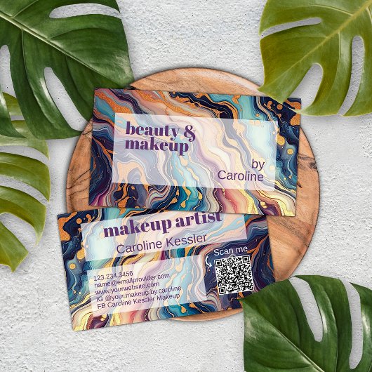 ダークアクアブルーパープルピンク金ゴールド大理石アートパターン 名刺
