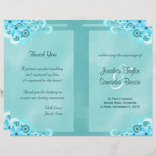 ダークアクアブルーフローラティール（緑がかった色）バイフォールド結婚式 プログラム (正面/裏面)