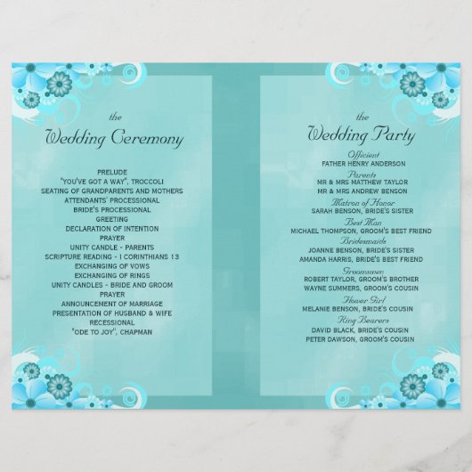 ダークアクアブルーフローラティール（緑がかった色）バイフォールド結婚式 プログラム (裏面)
