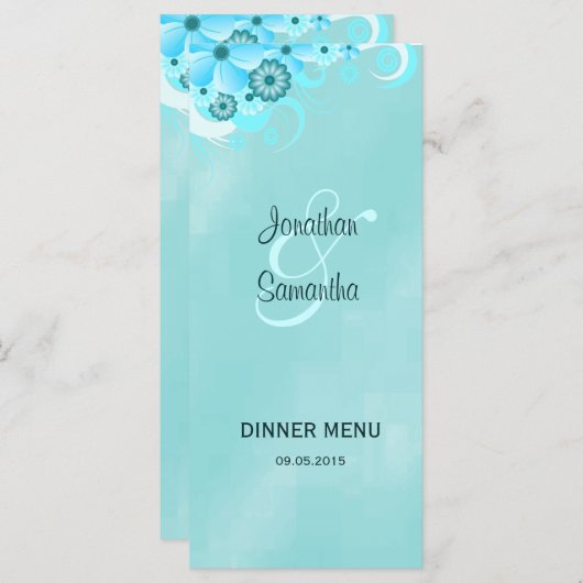 ダークアクアブルーフローラ結婚のディナーメニューカード メニュー (正面/裏面)