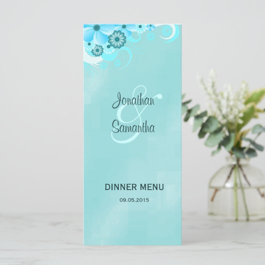 ダークアクアブルーフローラ結婚のディナーメニューカード メニュー (スタンド正面)