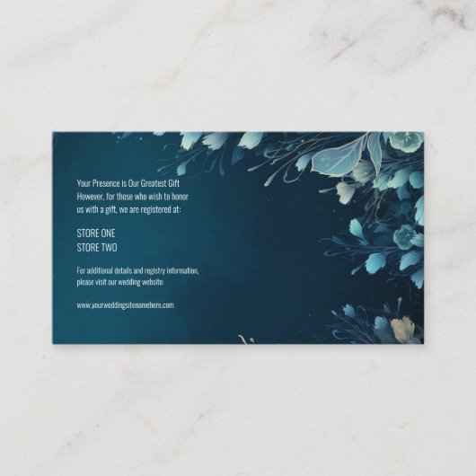 ダークアクアマリンとティール(緑がかった色)ブルーフローラ結婚ズ エンクロージャーカード (正面)