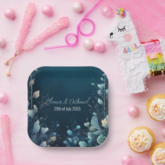 ダークアクアマリンとティール（緑がかった色）ブルーフローラ結婚ズ ペーパープレート (パーティー)