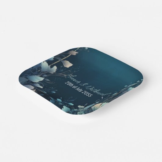 ダークアクアマリンとティール（緑がかった色）ブルーフローラ結婚ズ ペーパープレート (傾斜あり)