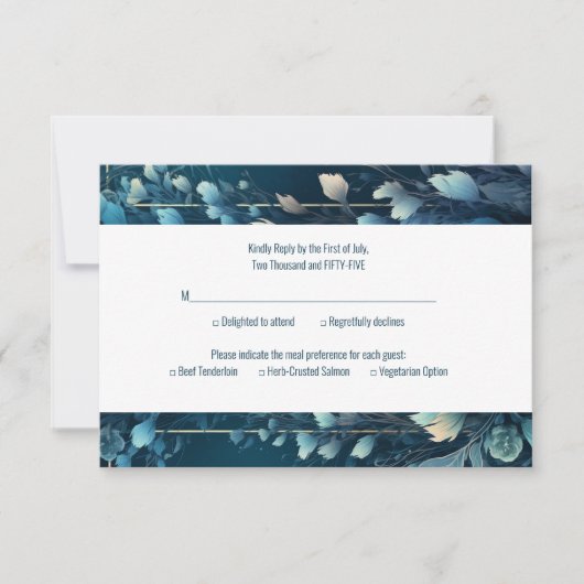ダークアクアマリンとティール（緑がかった色）ブルーフローラ結婚ズ 出欠カード (正面)