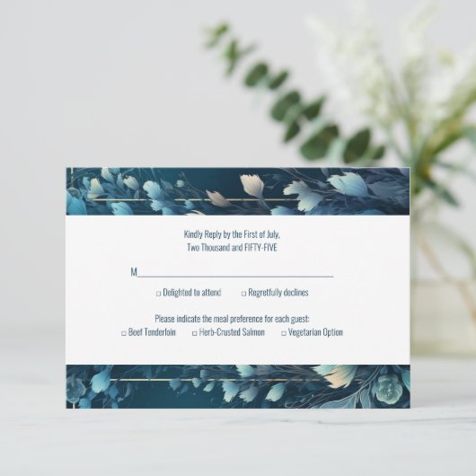 ダークアクアマリンとティール（緑がかった色）ブルーフローラ結婚ズ 出欠カード (スタンド正面)