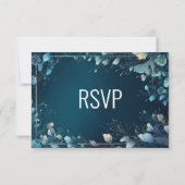 ダークアクアマリンとティール（緑がかった色）ブルーフローラ結婚ズ 出欠カード (裏面)